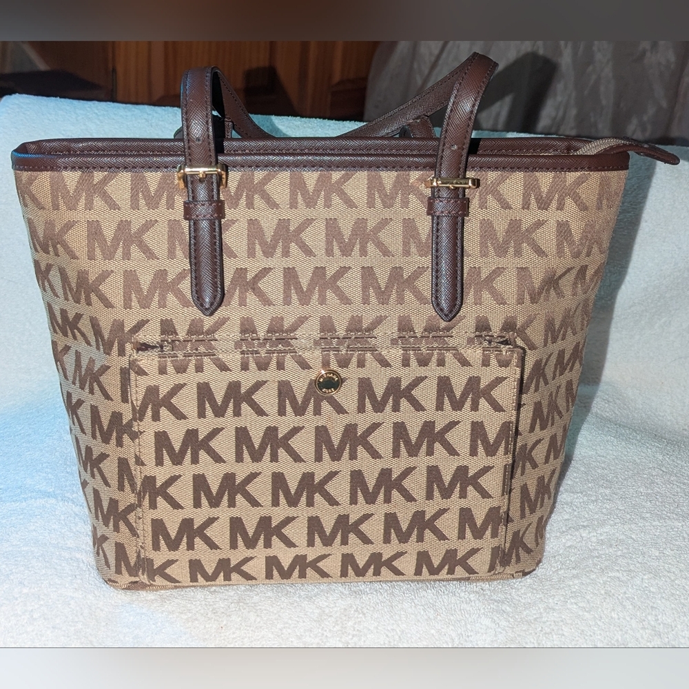 Michael Kors Brown Structured Tote with Monogram Print